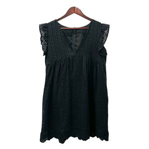 Womens Black Eyelet Sleeveless Ruffle Dress Size Medium V-Neck Lined Shorts